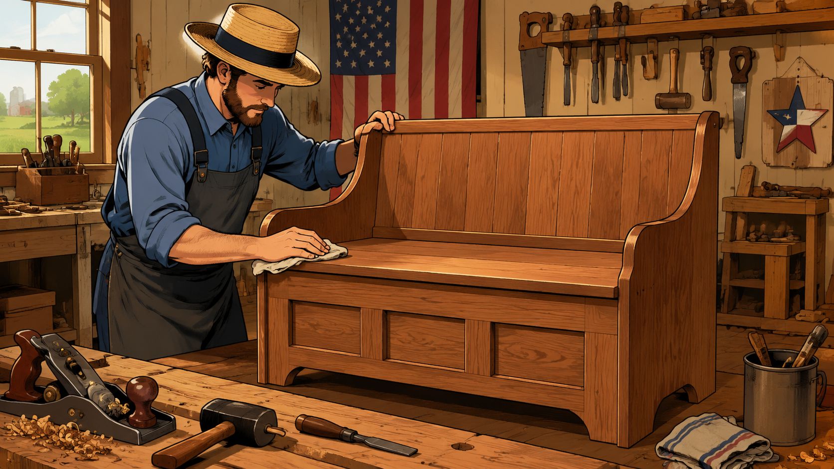 A craftsman in a straw hat finishes a custom solid wood entryway bench in his rustic workshop.