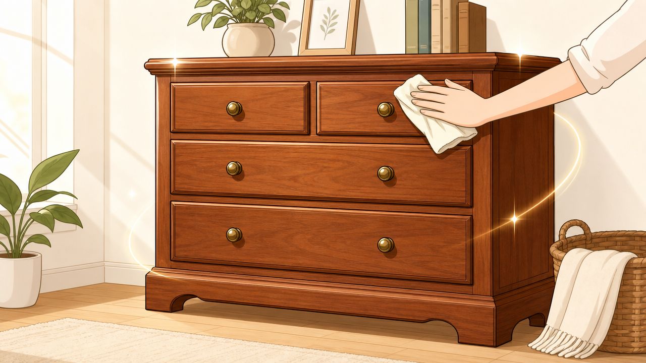 A hand wipes dust off a wooden dresser with a cloth in a bright, cozy room.