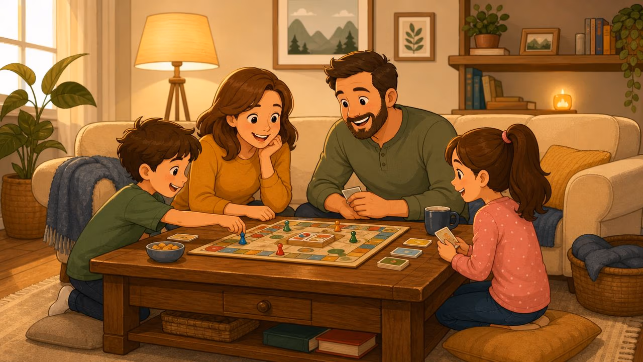 A happy family sitting together on the floor enjoying a board game in a cozy living room.