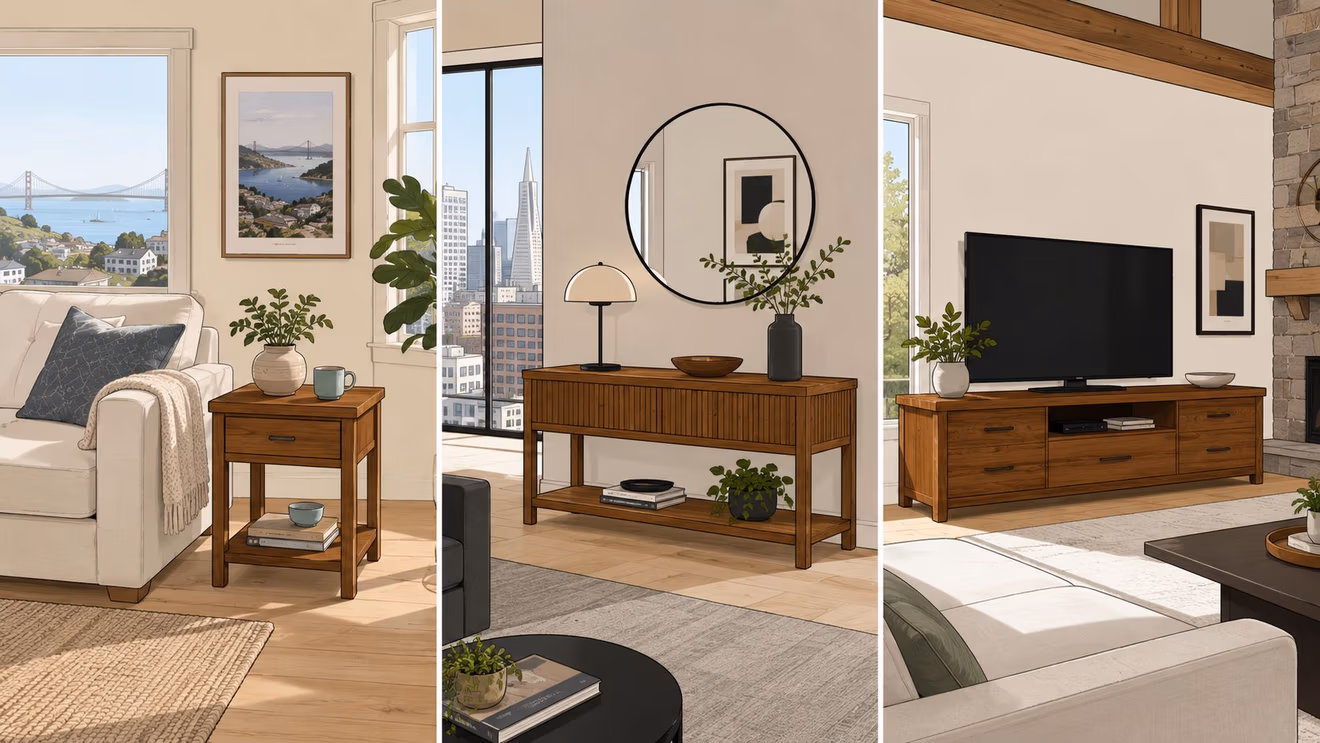 A split-screen illustration featuring various solid wood furniture pieces in stylish, modern living room settings.