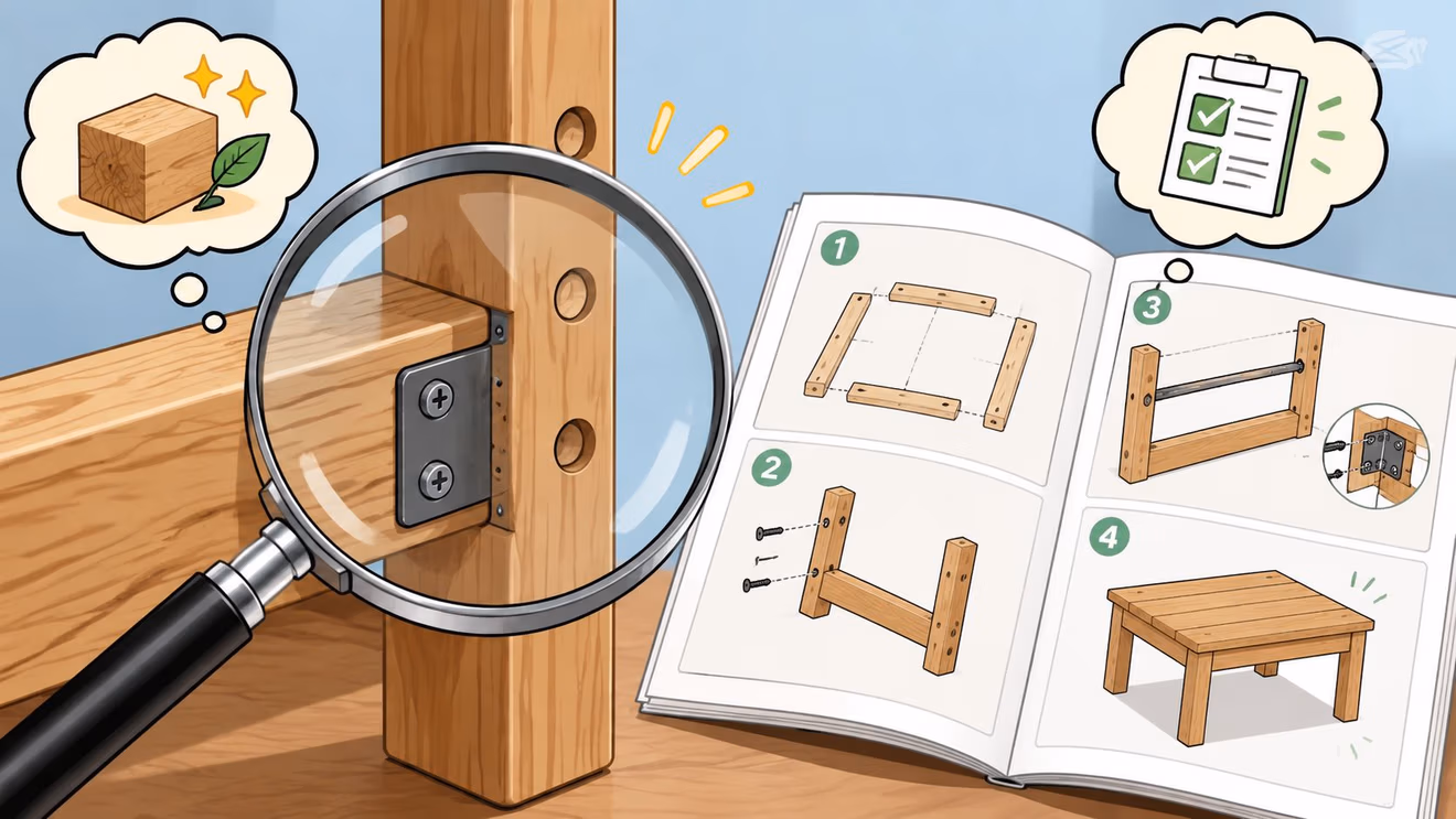 A magnifying glass inspecting the sturdy solid wood construction of furniture pieces assembled according to instruction diagrams.
