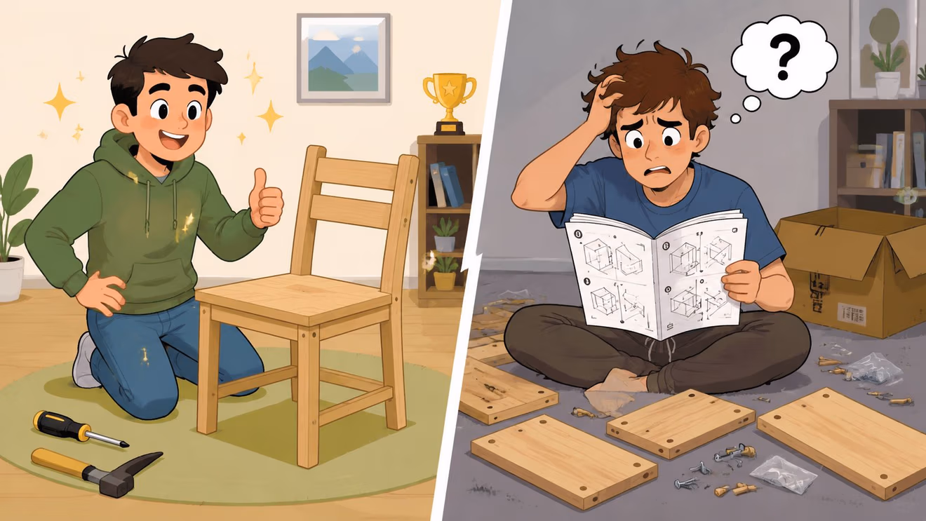 A split image showing a happy man assembling a finished wooden chair and a confused man struggling with furniture parts.