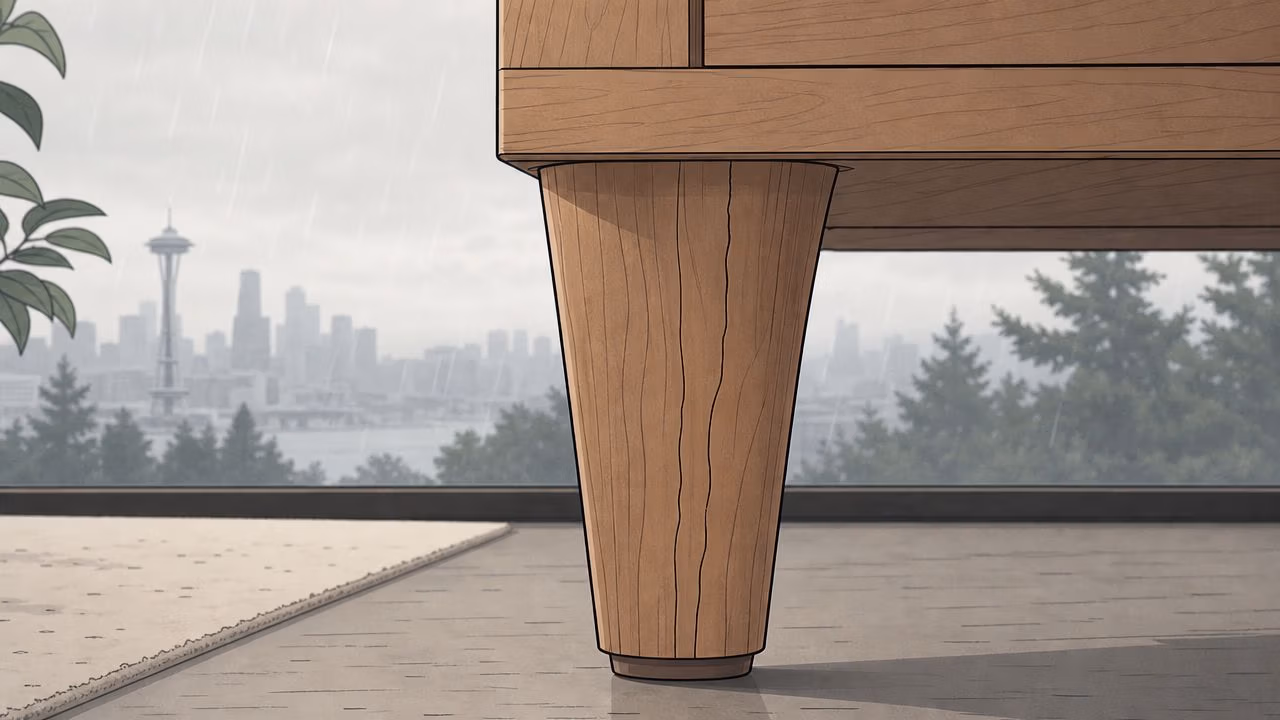 A close-up view of a solid wood furniture leg placed in front of a Seattle rainy window.