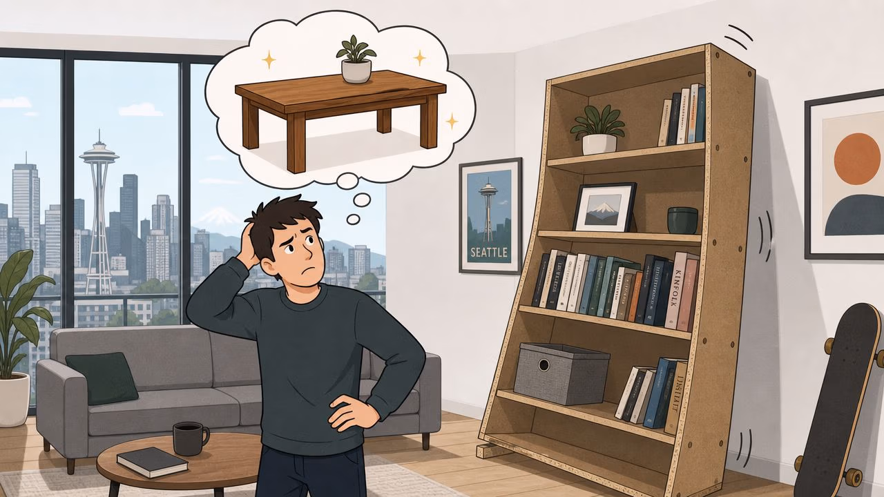 A concerned person standing in a living room while visualizing a solid wood table in a thought bubble.