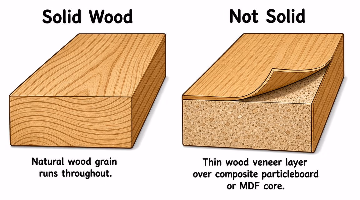 A diagram comparing solid wood with its natural grain to engineered wood made with composite particleboard.
