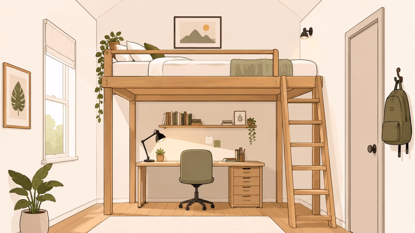 A cozy bedroom with a wooden loft bed, an integrated desk, green plants, and minimalist decor.