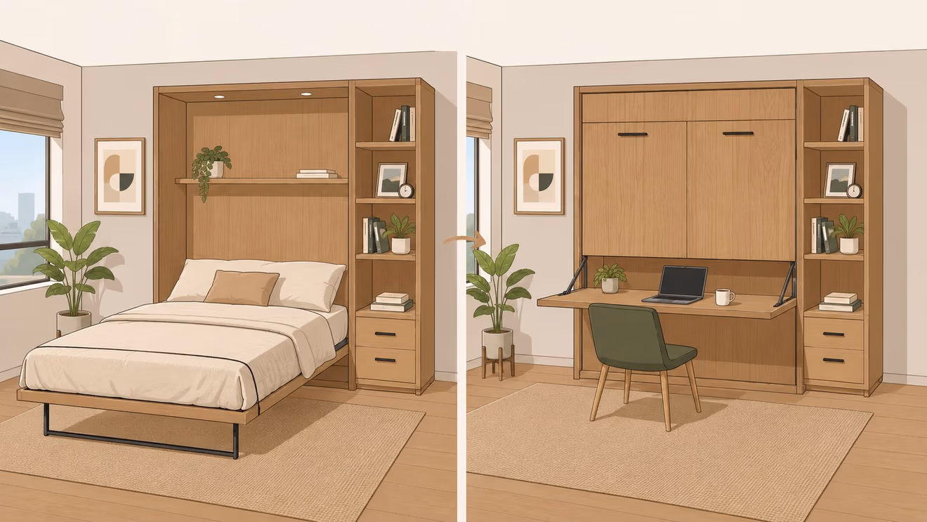 A dual-function wooden wall bed converting into a sleek home office desk in a bright room.