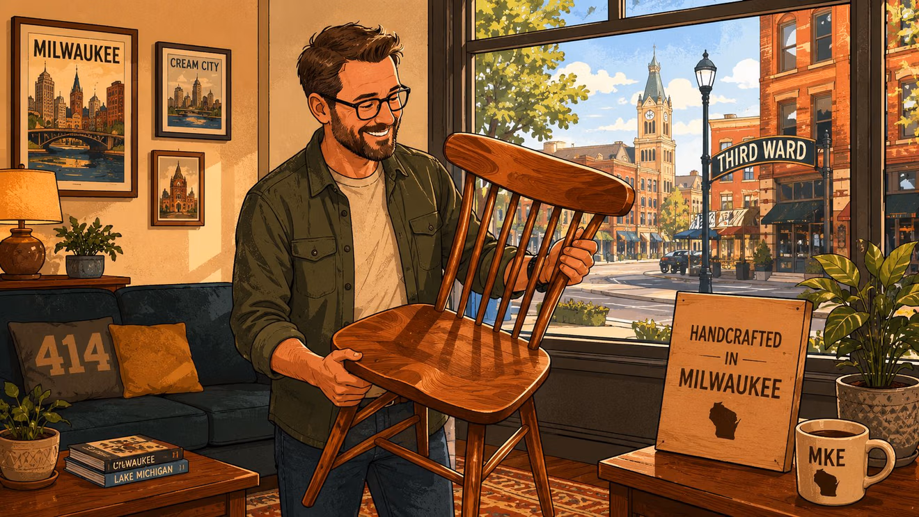 A man in a workshop holding a handcrafted wooden chair in front of a Milwaukee street view.