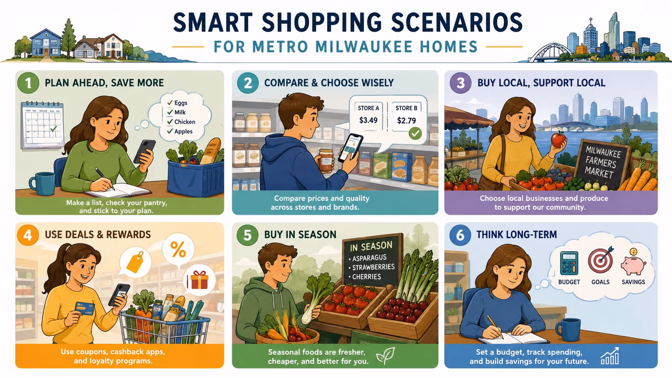 An infographic illustrating six practical smart shopping tips for families living in the Milwaukee area.