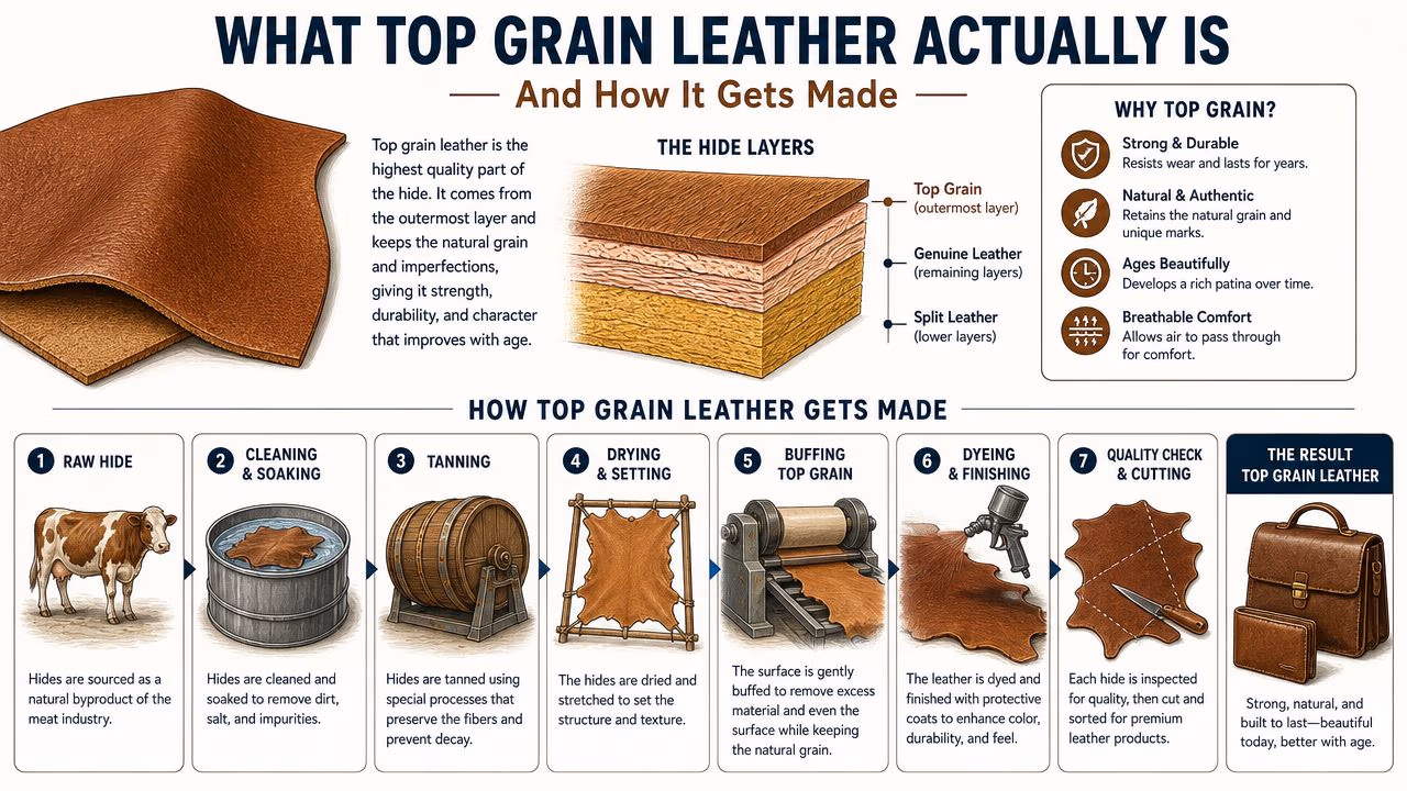 An infographic illustration explaining the layers of hide and the seven step manufacturing process of top grain leather.