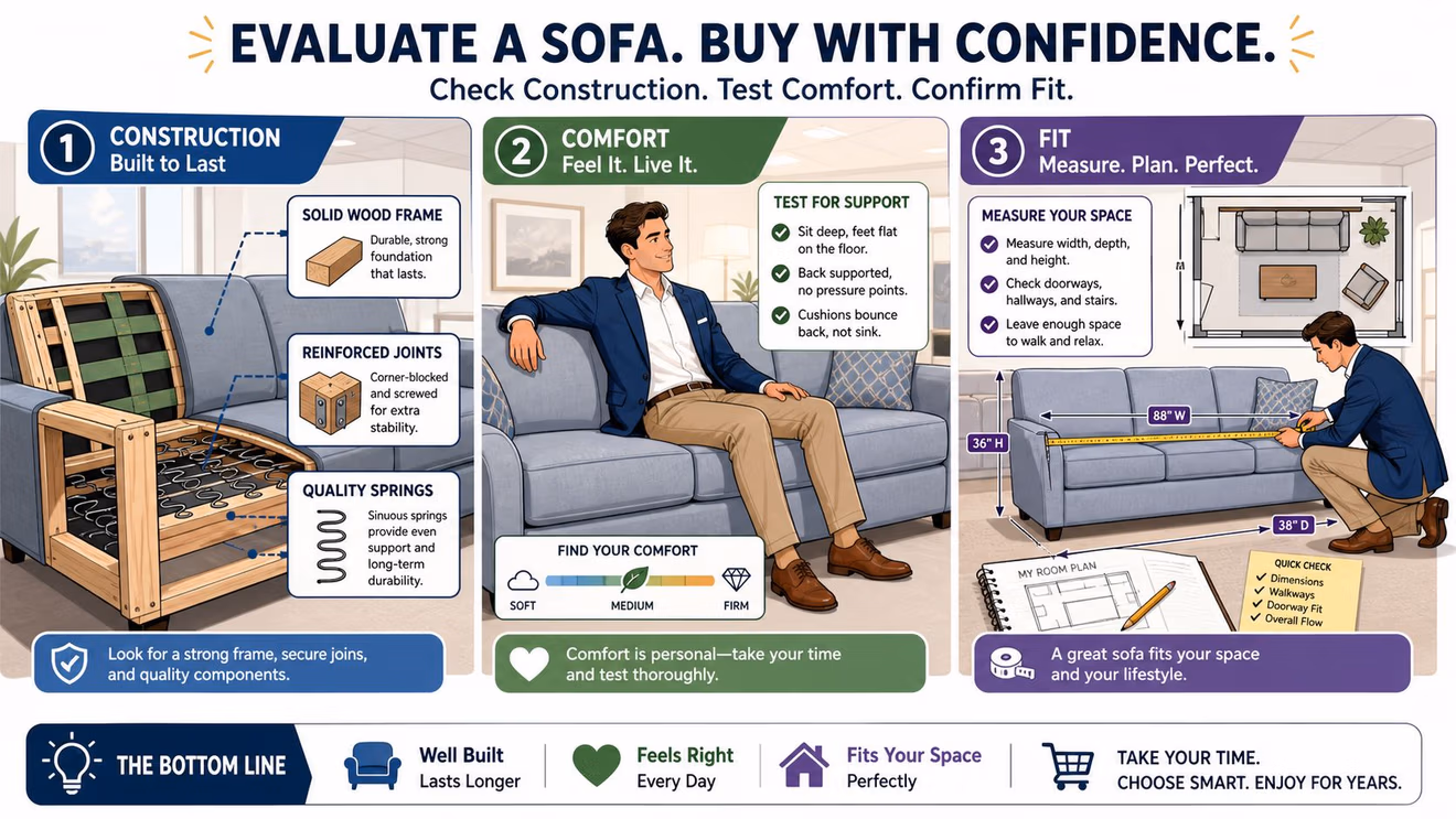 An informative infographic illustrating how to evaluate sofa quality including construction, comfort testing, and measuring for fit.
