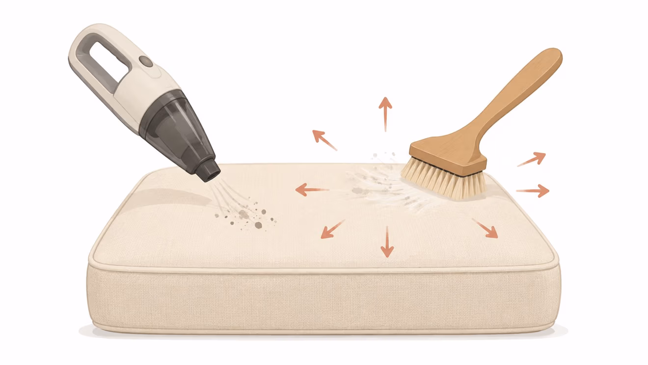 A hand vacuum cleaning a beige cushion while a wooden brush cleans the other side.