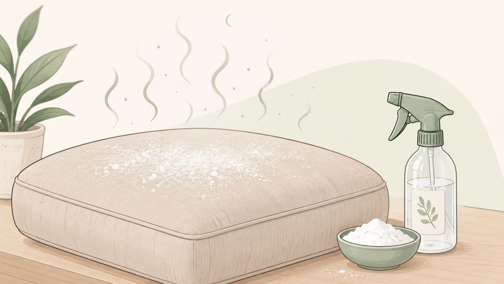 A beige fabric cushion being freshened with baking soda and a spray bottle on a wooden table.