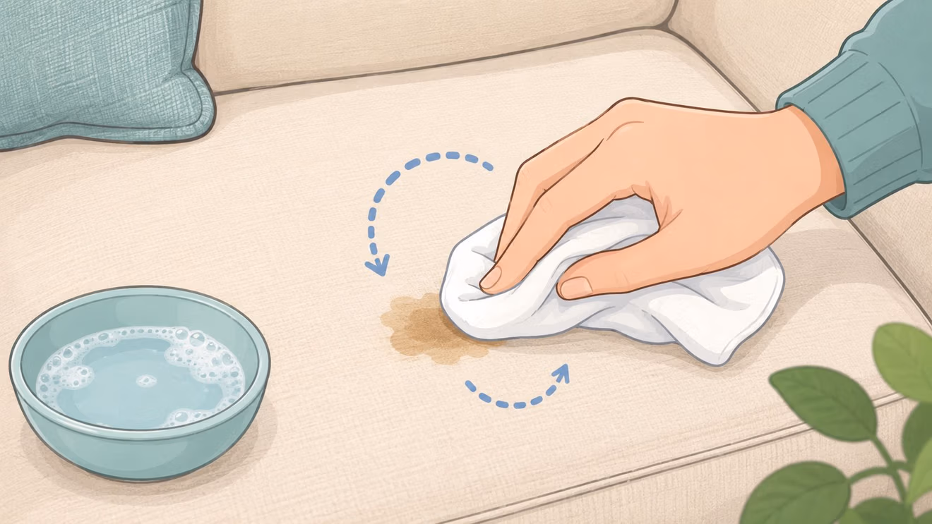 A hand using a white cloth to gently clean a stain on a fabric sofa.