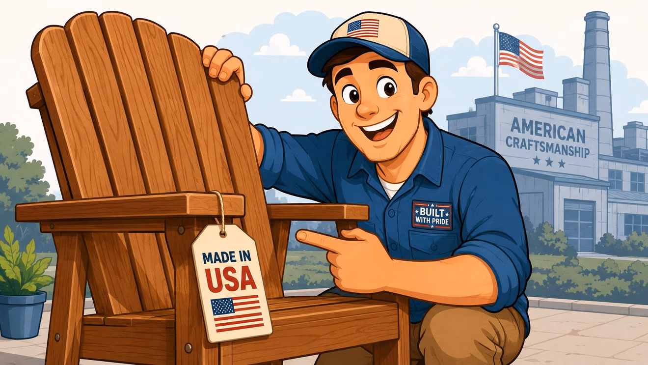 A friendly craftsman pointing at a wooden outdoor chair with a Made in USA tag.