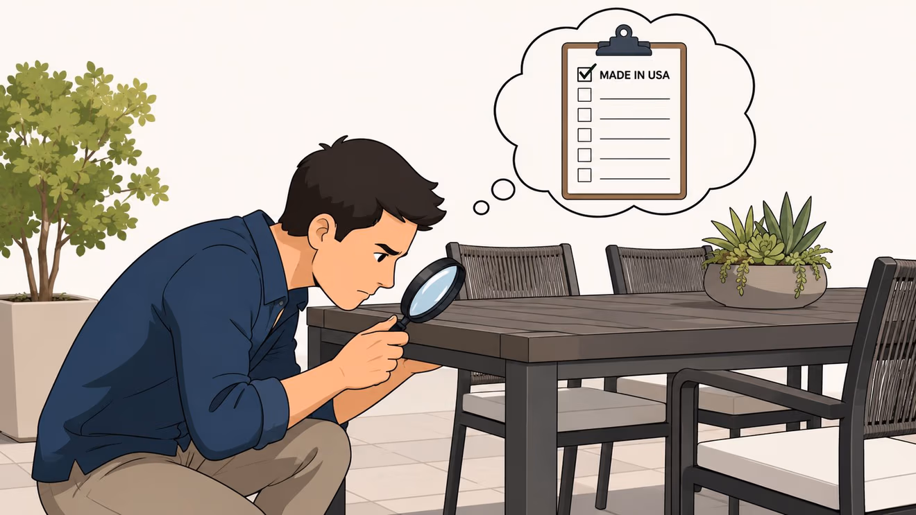 A man using a magnifying glass to inspect the underside of an outdoor patio table.