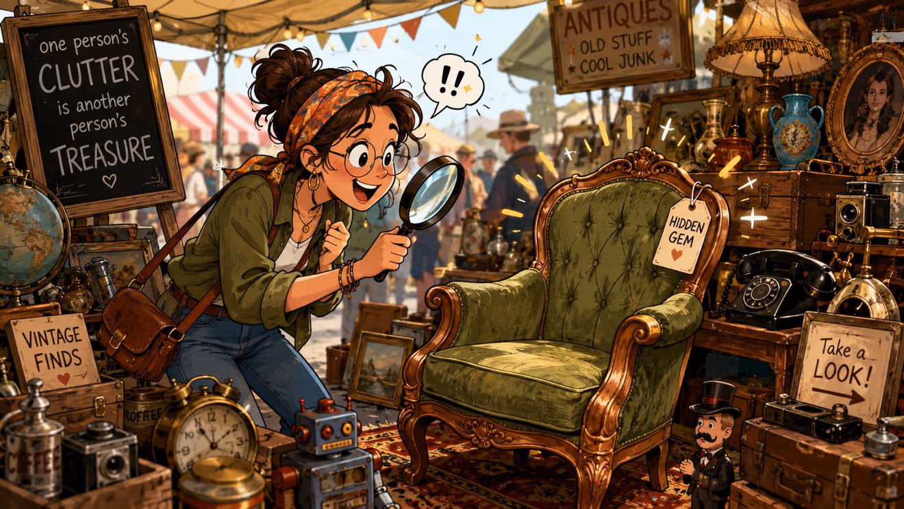 An enthusiastic young woman with a magnifying glass examines a vintage green armchair at an antique market.