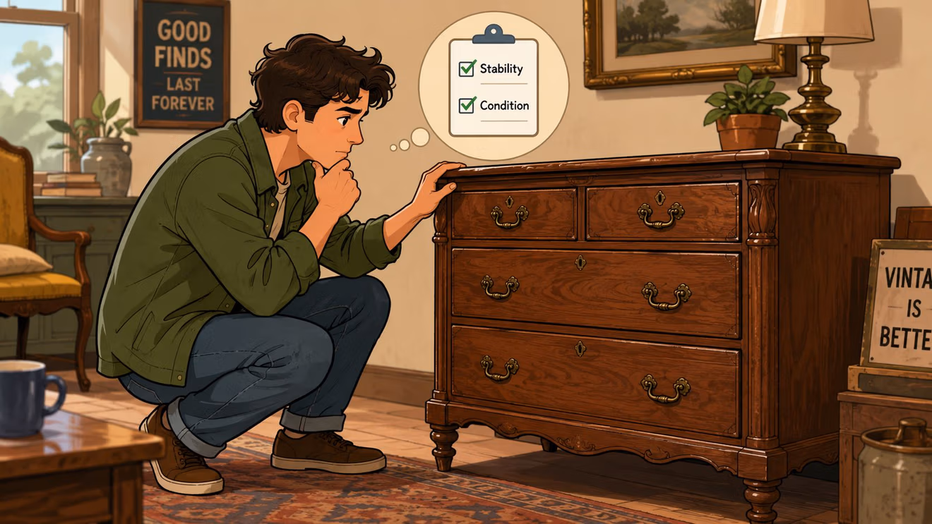 A young man carefully inspecting the quality and condition of a vintage wooden dresser in a store.