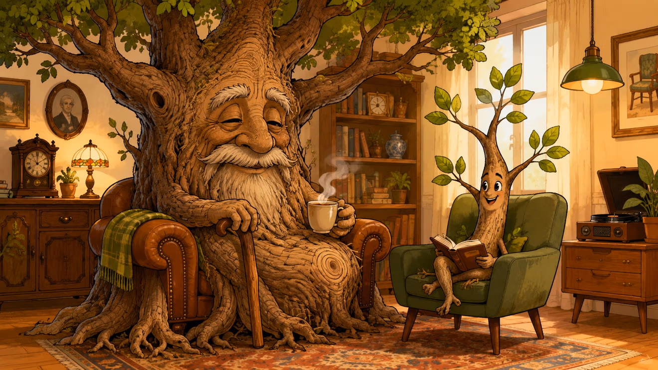 A gentle anthropomorphic tree grandfather sitting with a young sapling reading a book in a cozy room.