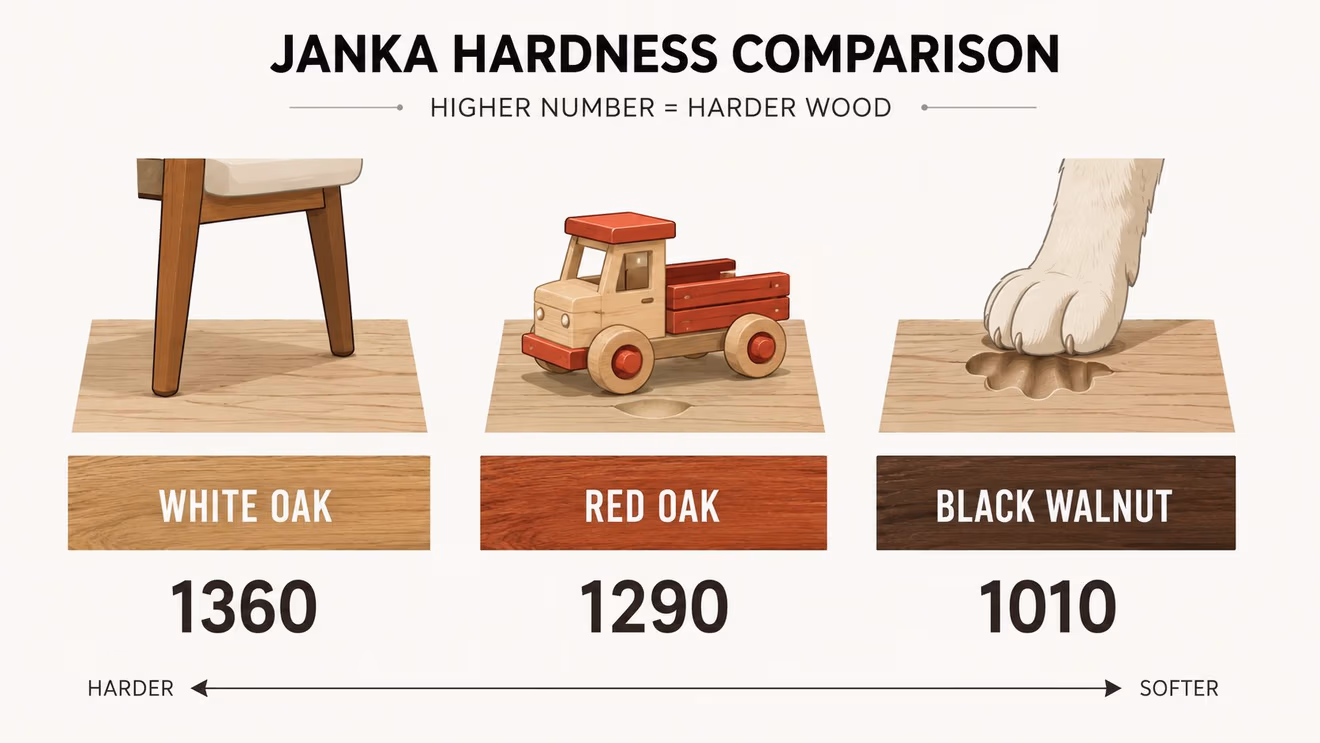A comparison chart showing Janka hardness ratings for white oak, red oak, and black walnut wood types.