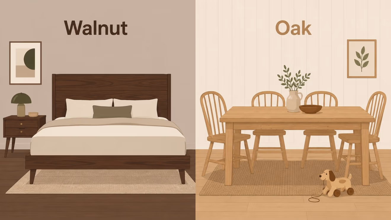 A split image comparing dark walnut wood bedroom furniture with light oak wood dining room furniture.