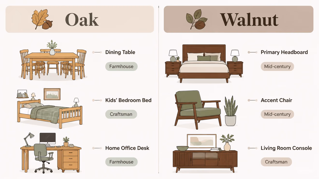 An infographic comparing oak and walnut wood furniture styles with various examples for home decor.