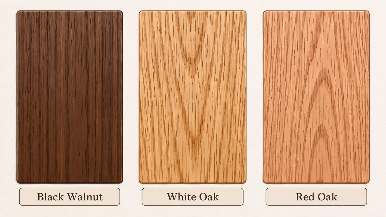 Three rectangular wooden boards showcasing different wood grain patterns labeled as Black Walnut, White Oak, and Red Oak.