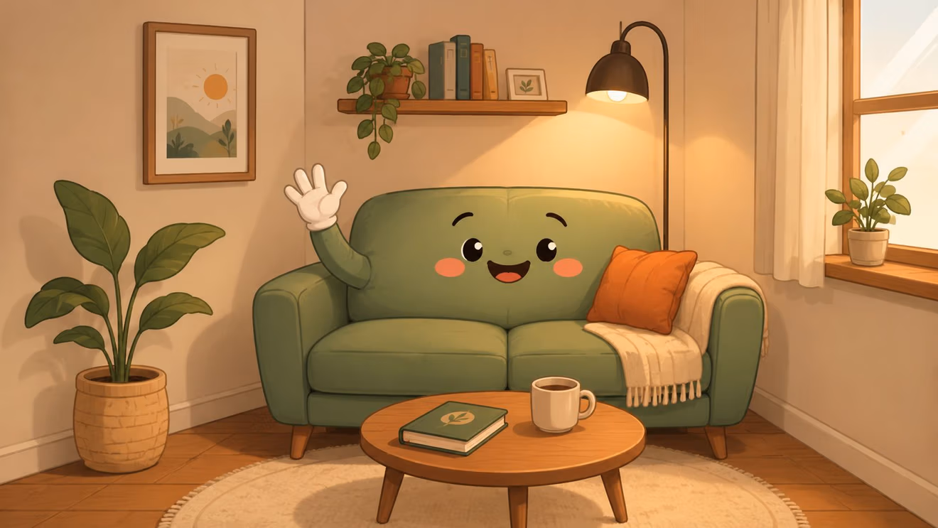 A cute, anthropomorphic green sofa with a smiling face waving hello in a cozy living room.