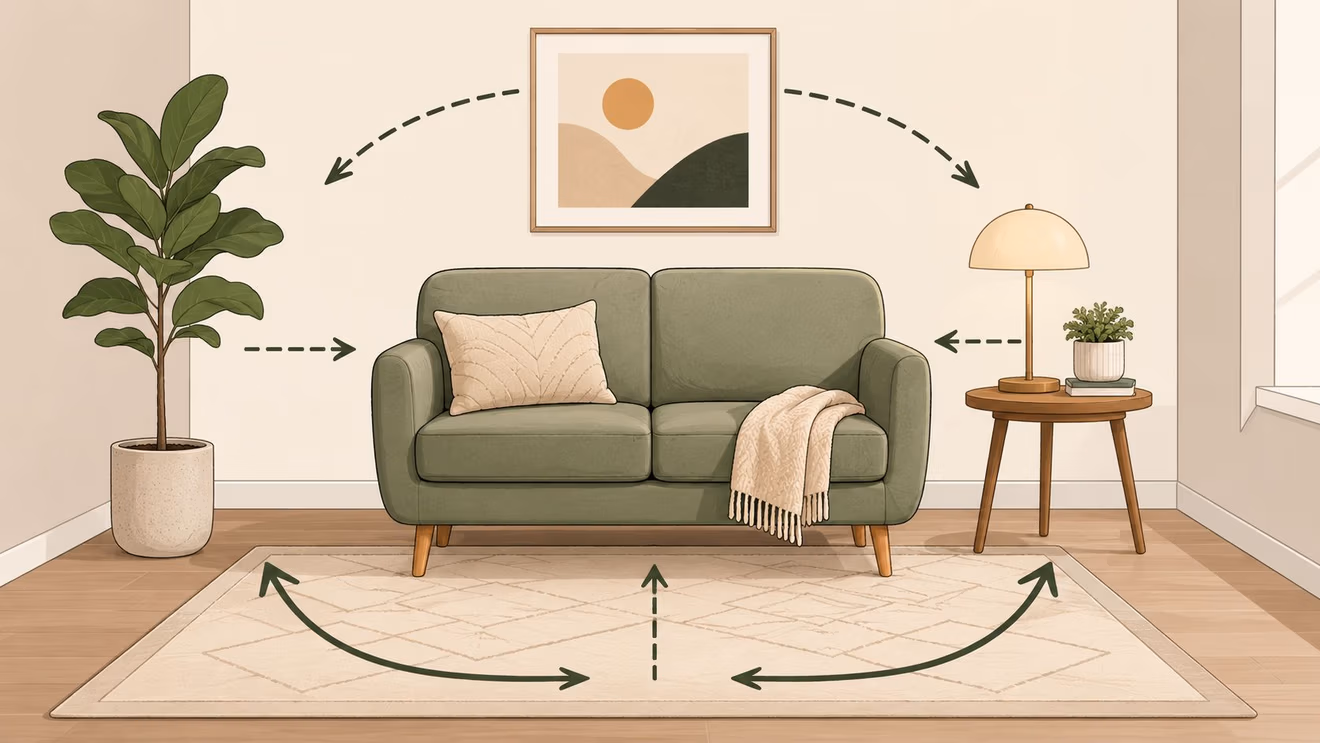 A cozy, minimalist living room featuring a small green two-seater loveseat, a potted plant, and side table.