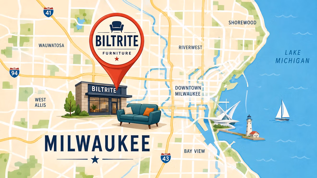 A map of Milwaukee highlighting the location of Biltrite Furniture near a sofa illustration.