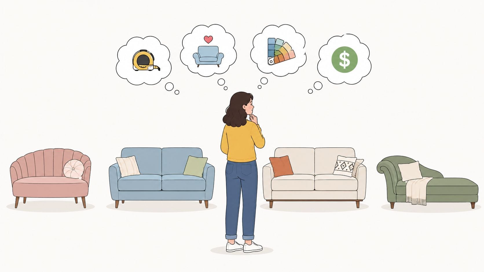 A young woman contemplating various sofa styles and considerations like measurements, design, colors, and budget.