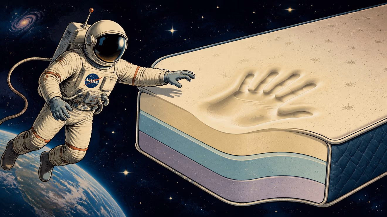 An astronaut floating in space touching a layered memory foam mattress floating above the planet Earth.