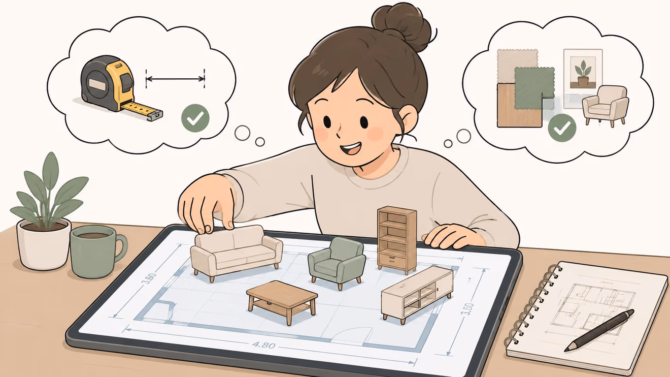 A girl designing a room layout with miniature furniture models on a digital tablet blueprint.
