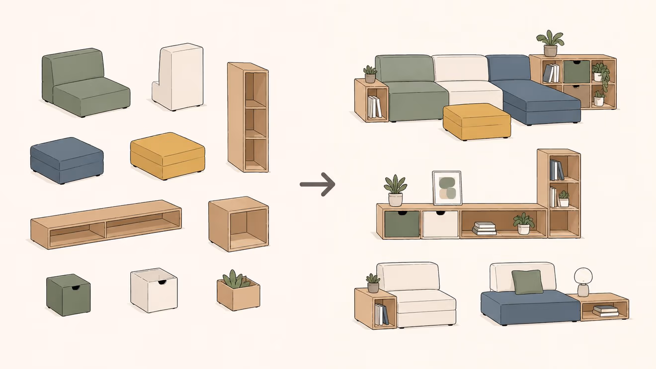 A diagram illustrating the versatility of modular furniture components, showing various pieces combined into different home layouts.