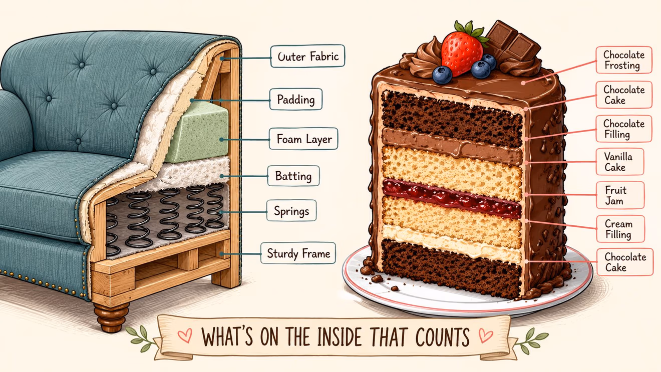 A cutaway diagram comparing the internal layers of a comfortable upholstered chair and a multi-layered cake.