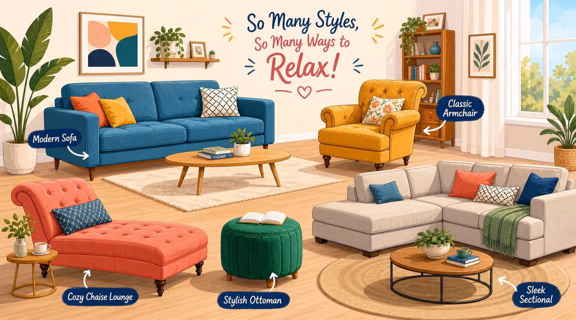 A bright living room scene showcasing various upholstered furniture pieces including sofas, armchairs, a chaise lounge, and ottomans.