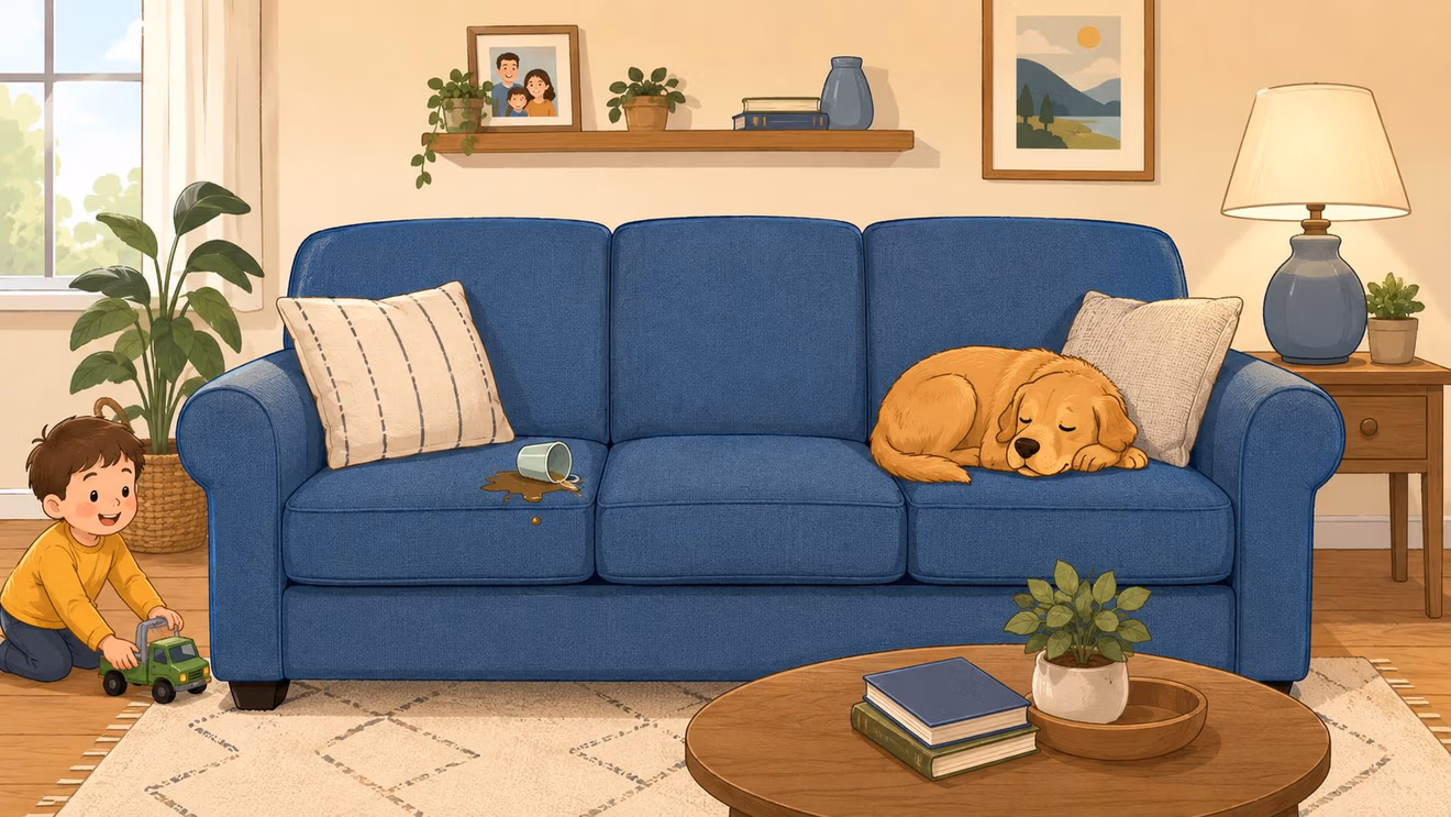 A cozy living room featuring a blue upholstered sofa with a sleeping dog, spilled coffee, and a toddler playing.