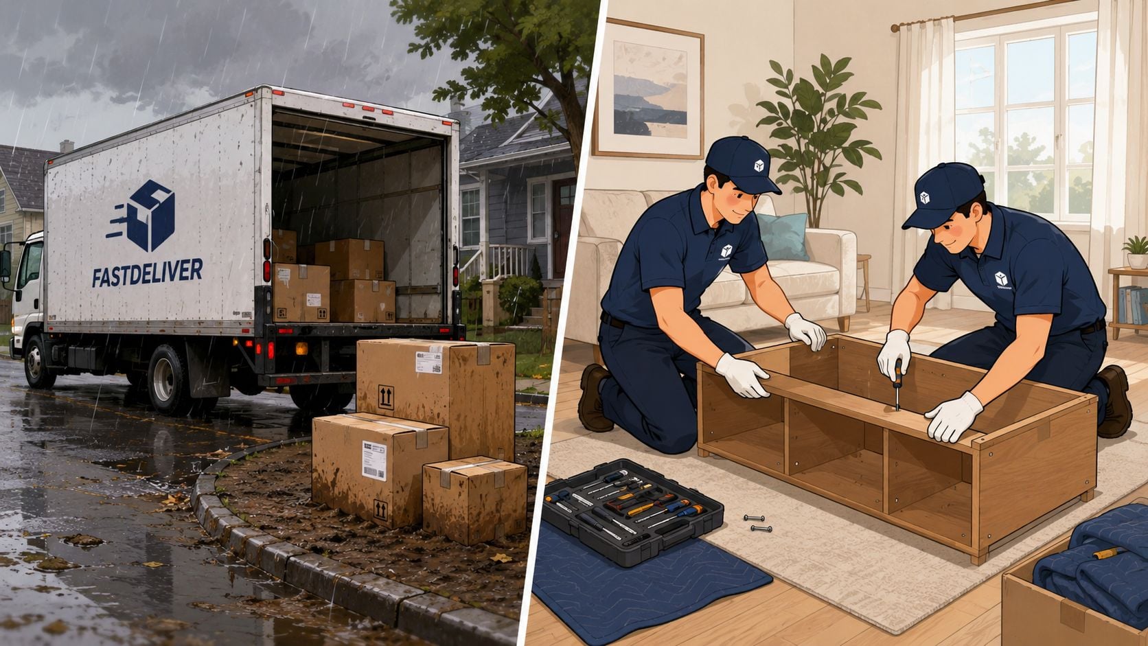 A professional delivery team unloads packages from a truck and assembles furniture inside a cozy home.