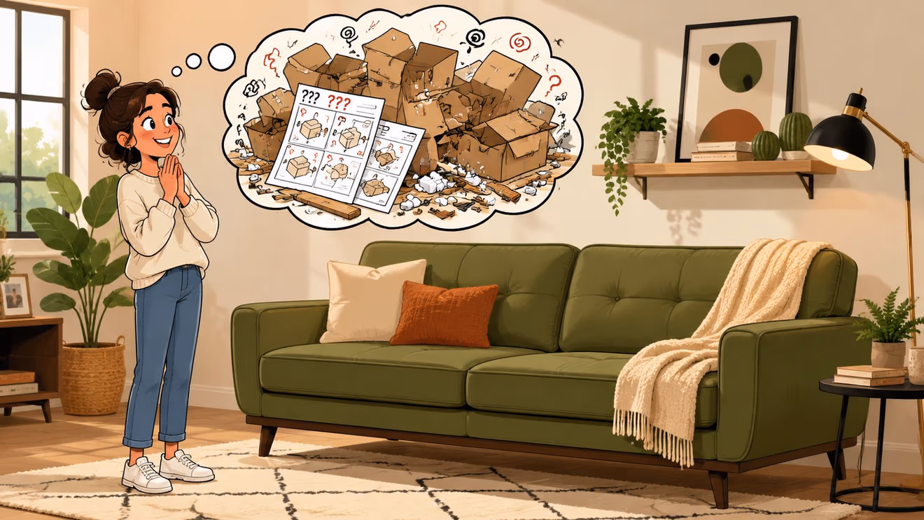 A woman imagines the frustration of assembling furniture while looking at a messy pile of cardboard boxes.