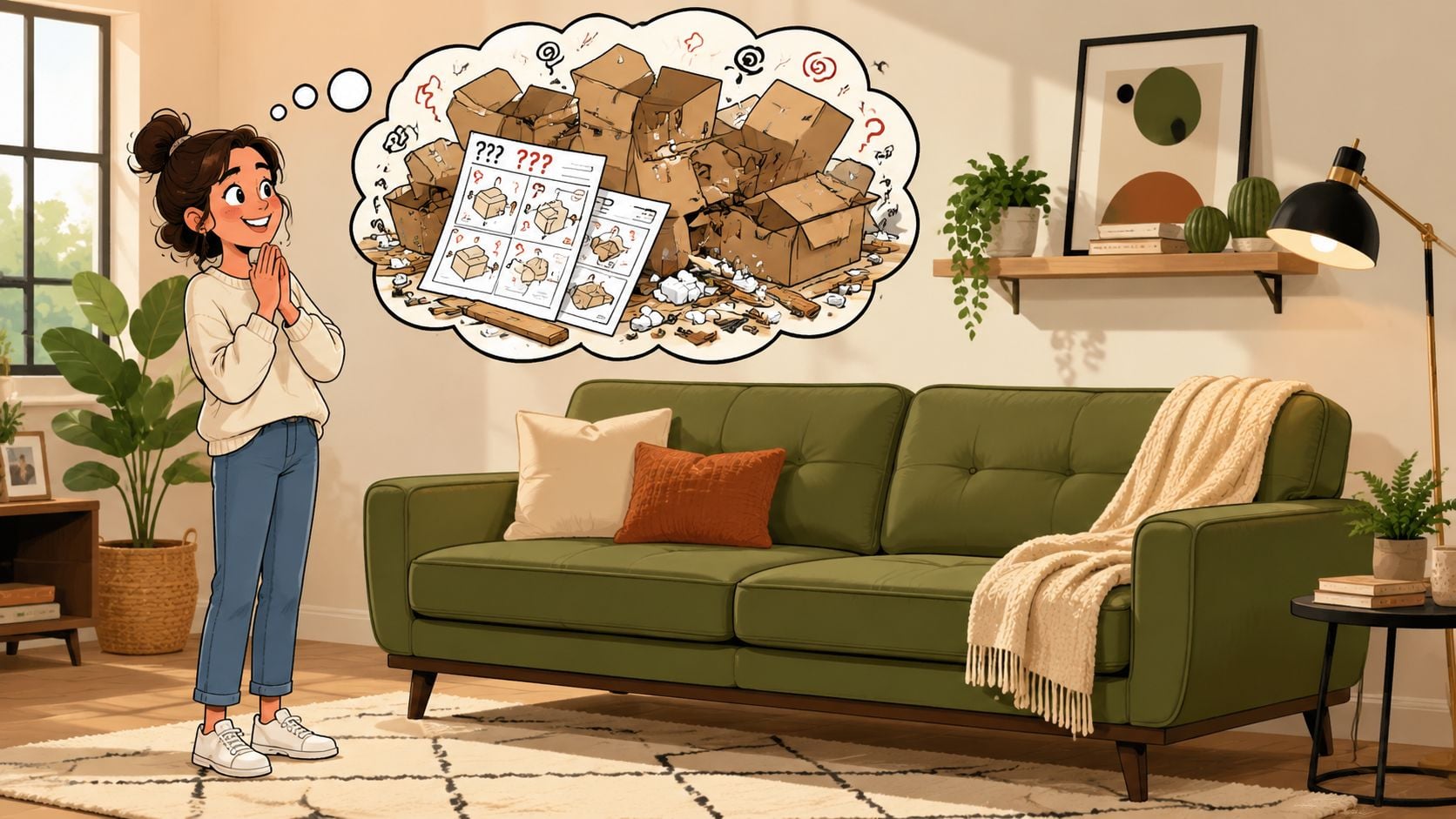 A woman imagines the frustration of assembling furniture while looking at a messy pile of cardboard boxes.