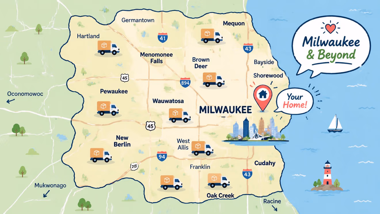 A map showing the Milwaukee area with delivery truck icons highlighting regional service coverage for customers.
