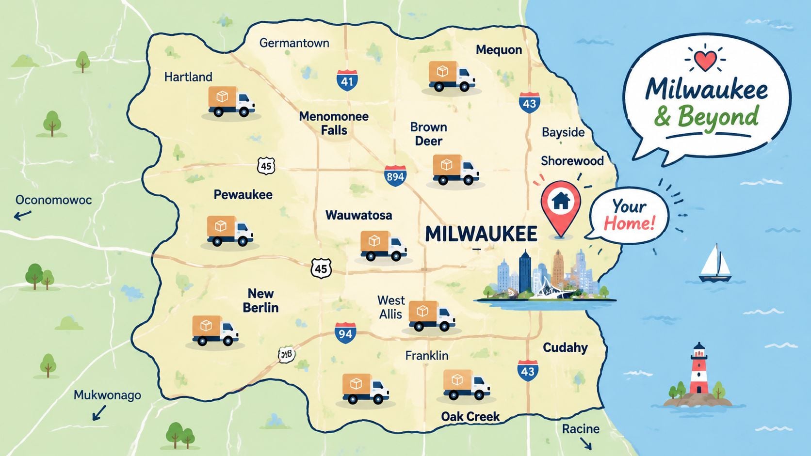 A map showing the Milwaukee area with delivery truck icons highlighting regional service coverage for customers.