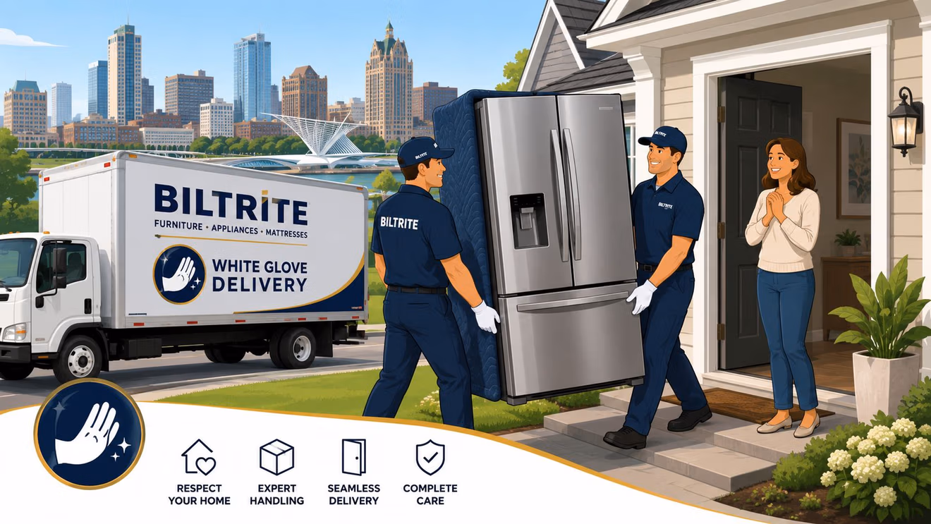 Two Biltrite professionals in uniform deliver a stainless steel refrigerator to a happy customer's home.
