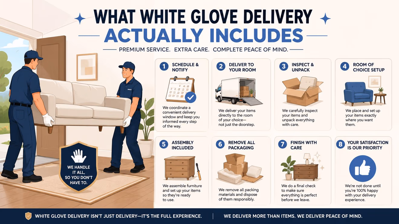 Two movers carrying a sofa into a home illustrating the steps of a premium white glove delivery service.