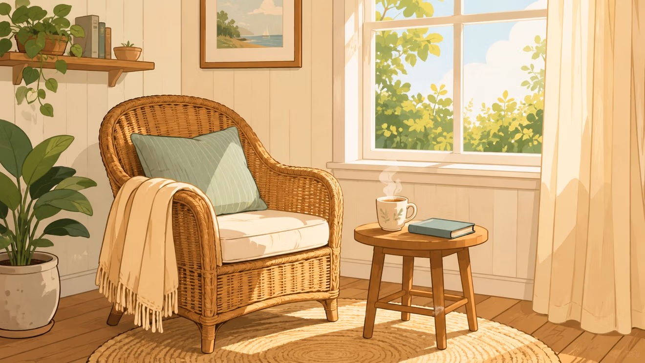 A cozy reading nook featuring a wicker armchair, a small wooden side table, and a houseplant.
