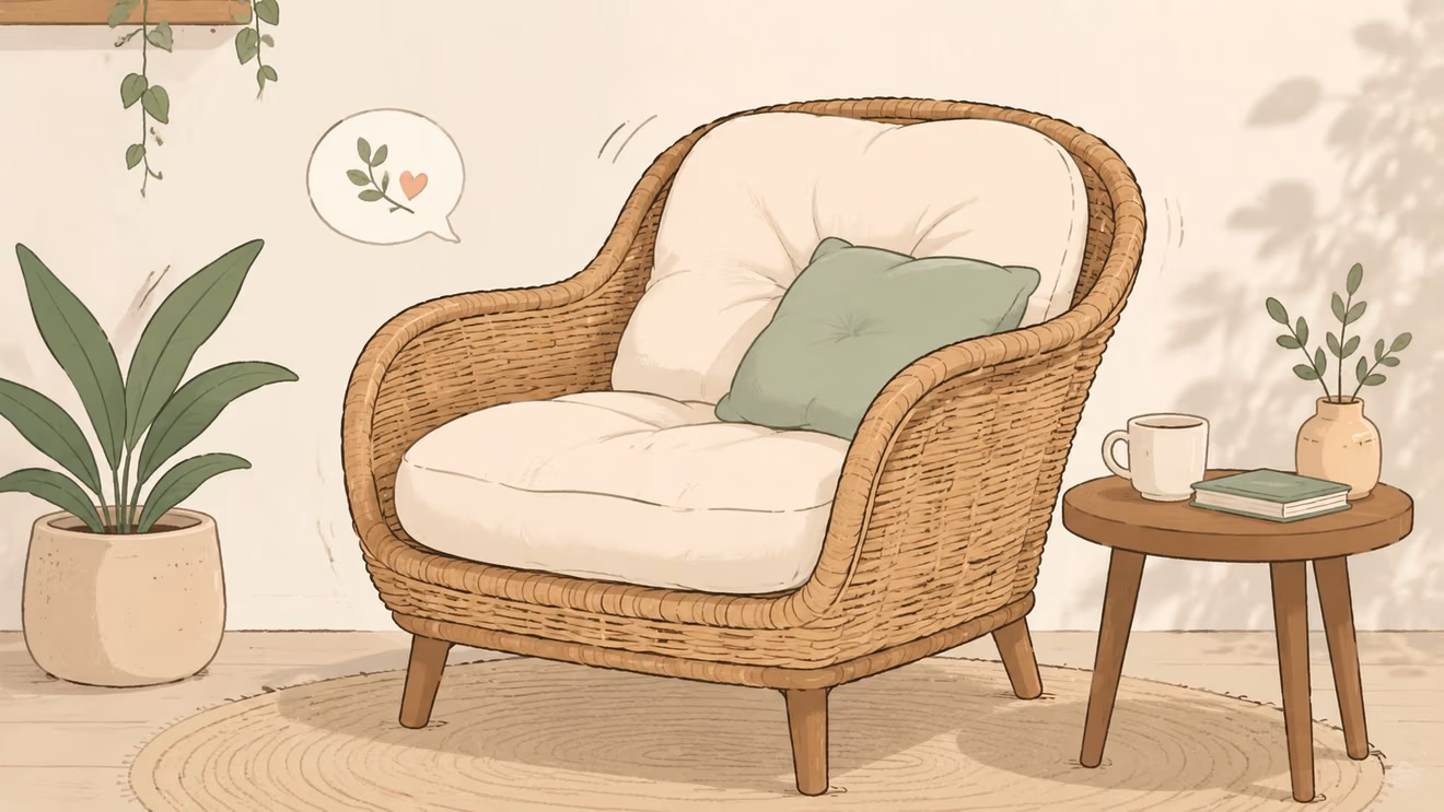 A cozy, sunlit corner featuring a comfortable wicker armchair with a soft cushion and a small side table.