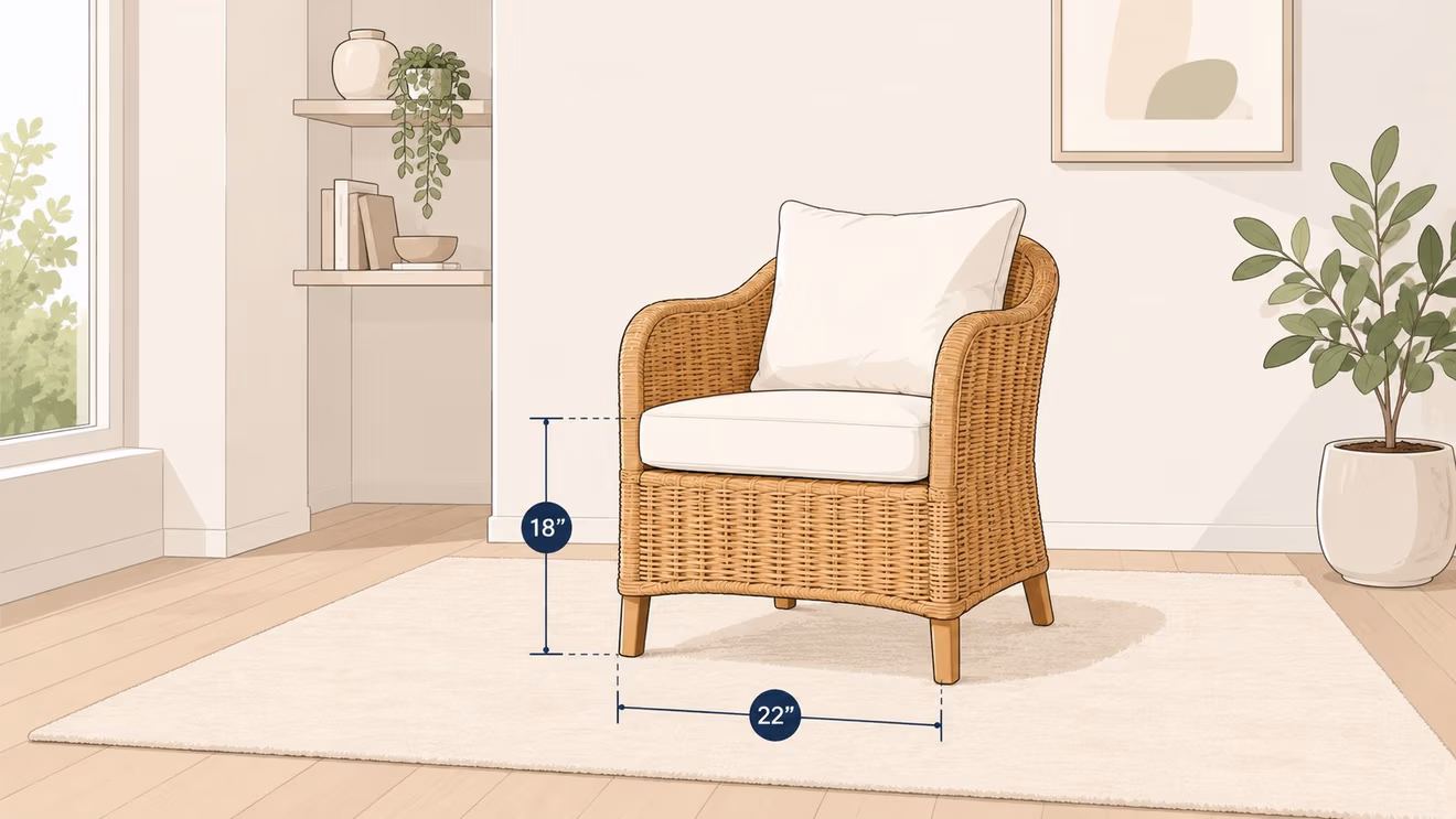 A natural wicker accent chair with a white cushion, shown with dimensions for height and width.