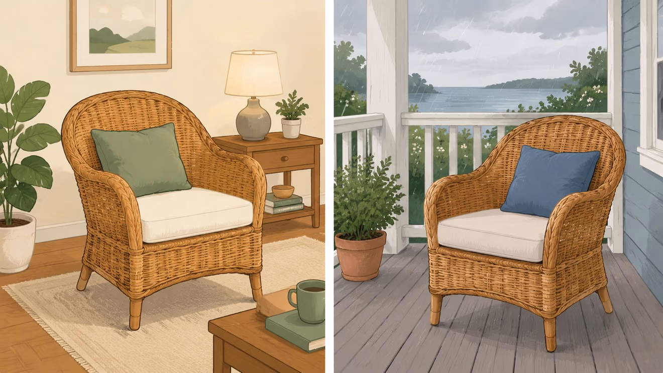 A side-by-side comparison of a wicker chair in a cozy living room and on a rainy porch.
