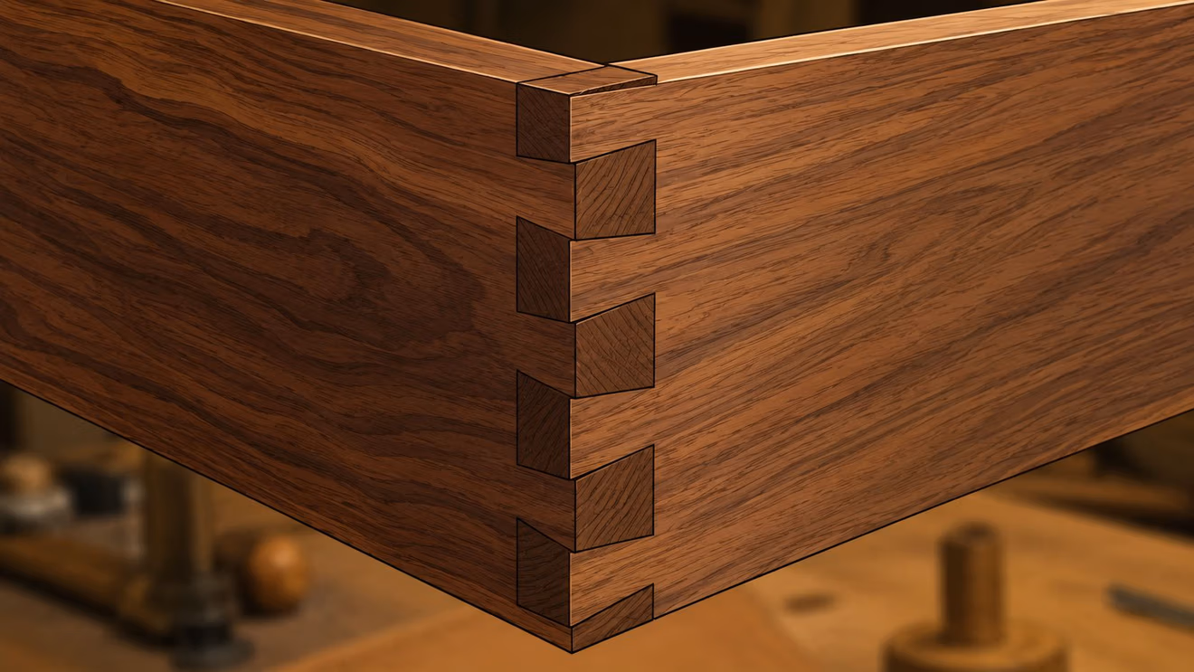 Close-up of a high-quality dovetail joint connecting two pieces of polished walnut wood furniture.