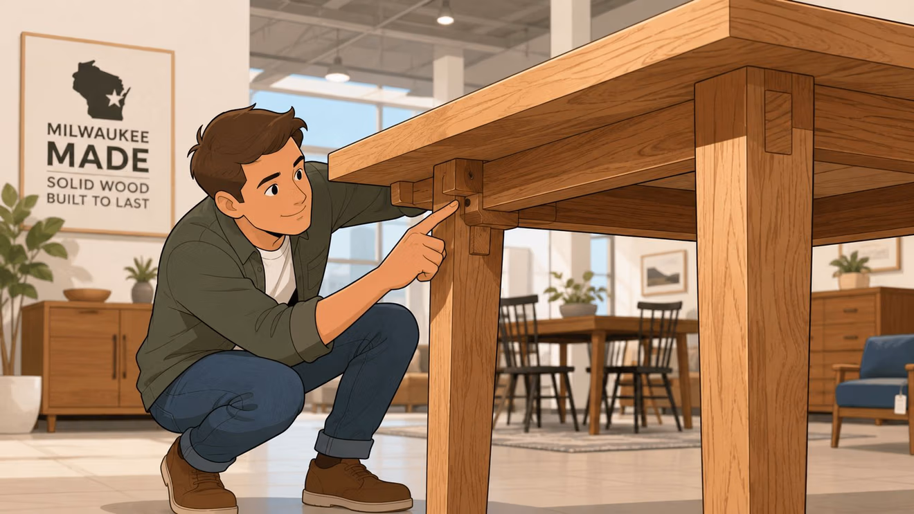 A young man crouches down in a furniture store, pointing at the craftsmanship of a wooden table.